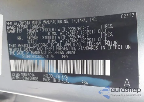 2012 Toyota Sienna Le V6 8 Passenger из США, поврежденный, VIN 5TDKK3DC3CS234076